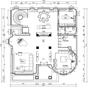 2D architectural drawing of a modern interior space with various functional zones.