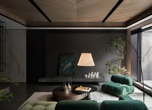 A modern living room with minimalist design, featuring dark wood flooring, green plush seating, and a large arched floor lamp