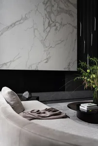 Modern living room featuring marble walls and a cozy sofa.
