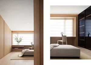 Modern minimalist bedroom with wood furniture and a large window.
