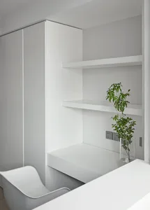 Minimalist office space with white shelves and desk, grey chair, and green plant.