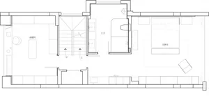 A minimalist master suite floor plan on white paper showing an open space with a bed, closet, and bathroom.