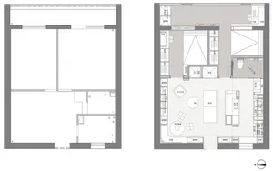Floor plan of a modern apartment layout showing functional zones and furniture arrangement.