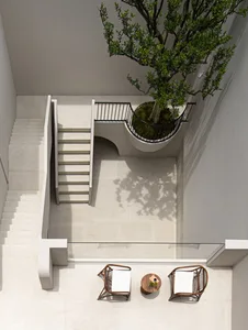 A modern courtyard with concrete flooring, stairs, and a potted tree.