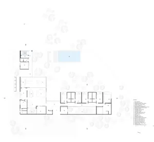 Modern architectural floor plan of a residential house, featuring a living room, dining room, bedrooms, bathrooms, and outdoo