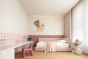 Minimalist bedroom featuring a fabric bed with wooden frame and glass lighting.