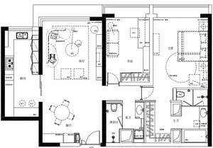 A detailed 2D architectural drawing of a modern apartment layout