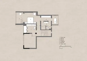 A detailed 2D floor plan of a modern residential home showcasing contemporary architectural elements.