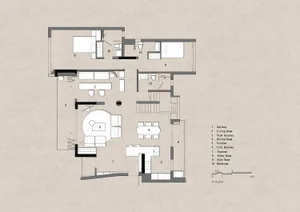 A detailed 2D architectural drawing showing the layout of a modern house's first floor, including the hallway, living room, v