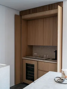 Modern minimalist kitchen featuring wood cabinetry and countertop.