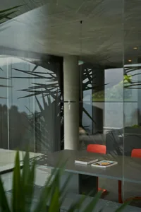 A modern office space featuring exposed concrete walls and a large window with a tree silhouette.