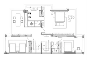 A detailed architectural floor plan of a modern residential interior with living, dining, kitchen, and bedroom spaces.