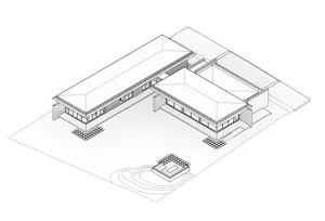 L-shaped modern concrete house with large windows and an open floor plan, featuring a flat roof and outdoor patio.