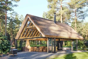 Modern residential building with a wooden roof and large glass windows.