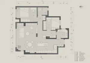 Floor plan of a modern living room with neutral color palette.