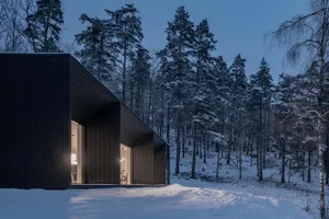 極簡黑色金屬包覆的住宅坐落在雪地松林之中。