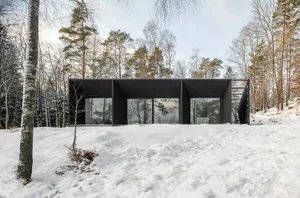 A modern black exterior house in a snowy winter landscape.