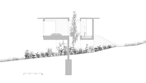 Cross-sectional architectural drawing of a modern residential interior with a glass and concrete design.