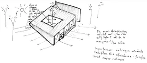 Hand-drawn sketch of a wooden residential building with an atrium and large windows.
