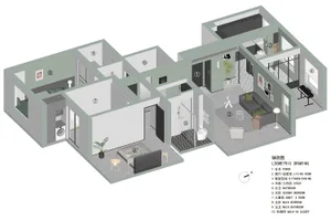 Isometric drawing of a modern apartment with living room and kitchen layouts, showcasing contemporary design elements.