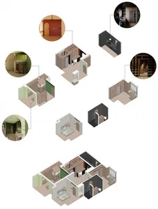 Illustration of a modern flat featuring multi-functional space utilization with wood finishes.