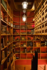 A dimly lit, industrial-style storage cabinet filled with various treasures and artifacts, illuminated by a hanging lamp.