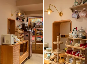 A cozy retail shop with various wooden shelves and displays containing merchandise.