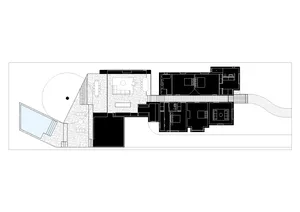 Architectural drawing of a modern residential floor plan featuring concrete and glass materials.