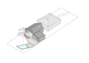 A modern wooden house architecture plan with a swimming pool and garden.