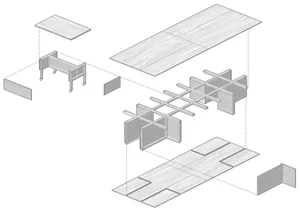 Wooden furniture layout for an office space.
