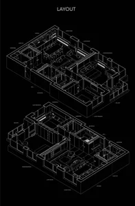Industrial isometric view of a residential floor plan with labeled rooms and furniture.