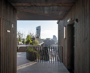 A rooftop garden with wooden decks, metal railings, and concrete planters.