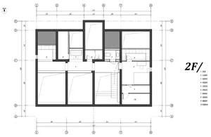 a 2-dimensional architectural drawing depicting the floor plan layout of a building's second floor with numbered labels indic