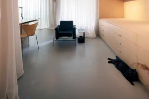 Modern, minimalist living space with concrete flooring and furniture.