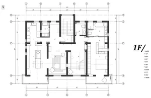 Modern residential interior floor plan with mixed materials and contemporary design elements.
