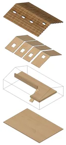 Exploded view diagram of a wooden floor layout with cutouts and panels.