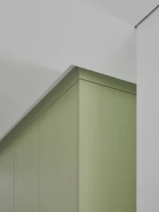 Modern interior design featuring wood-paneled cabinets