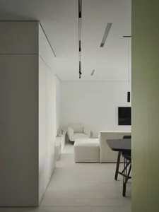 A minimalist living room with white furniture, white walls, and light-colored wood flooring.