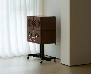 Vintage industrial-styled furniture with a wooden finish on a wheeled stand.