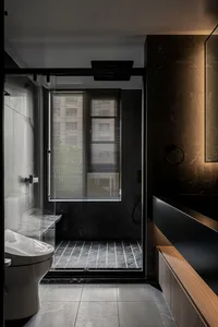 Modern bathroom with marble and glass elements