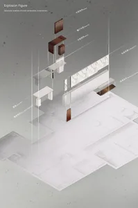 Isometric explosion drawing depicting the structural components of a modern dining room with white marble finishes.