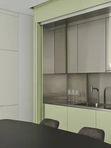 A minimalist kitchen with metallic cabinets and a sleek, modern design.
