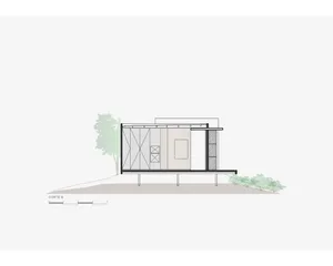 Cross-sectional architectural drawing of a minimalist home with glass and steel materials.