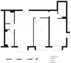 A modern apartment layout with a dining/living area, bathroom, kitchen, and bedroom.