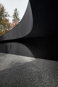Black wooden architectural structure with curved edges.