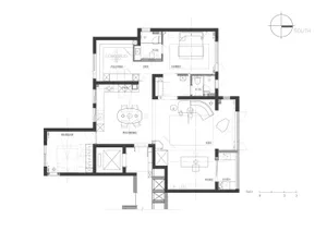 2D architectural drawing of a modern interior home floor plan highlighting key spaces.