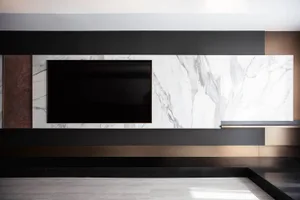 Modern interior design featuring a marble and metal living wall