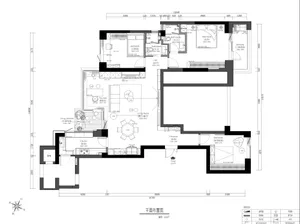 A detailed 2D architectural floor plan of a modern residential apartment with three bedrooms, two bathrooms, and a kitchen.