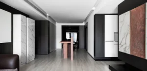 Modern residential interior design featuring marble flooring and minimalist style