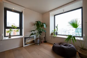 A minimalist living room with plants placed on wooden flooring.